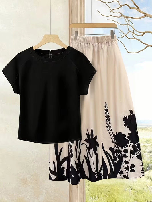 Women's Summer Casual Skirt Co-Ord Set | Solid Top & Printed Skirt 2-Piece Outfit