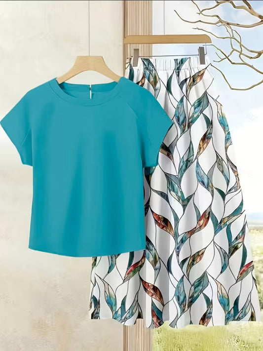 Women's Summer Casual Skirt Co-Ord Set | Solid Top & Printed Skirt 2-Piece Outfit