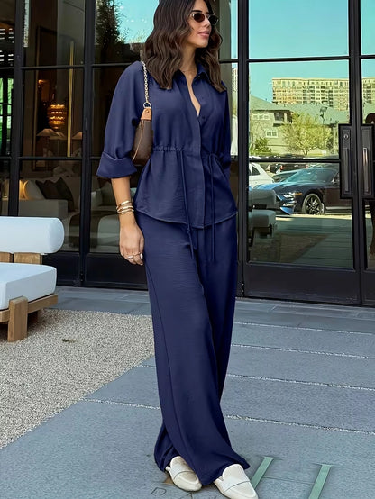 Relaxed Drawstring Co-Ord Set – Lapel Long Sleeve Top & Wide-Leg Pants