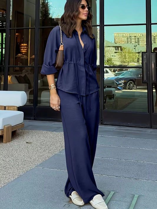 Relaxed Drawstring Co-Ord Set – Lapel Long Sleeve Top & Wide-Leg Pants
