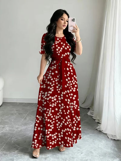 Women's Timeless Polka Dot Midi Dress – Puff Sleeve Belted Fit & Flare Dress