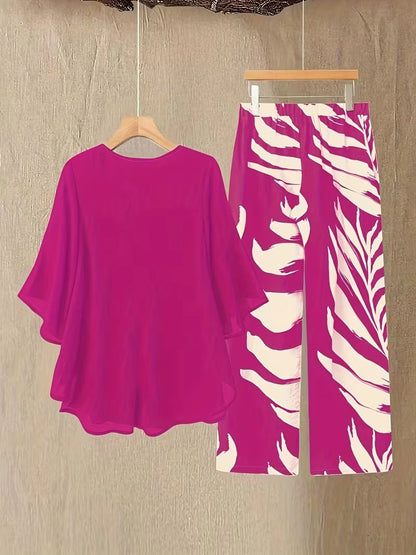 Chiffon Co-Ord Set – Batwing Sleeve Loose Top & Wide-Leg Pants (2-Piece)