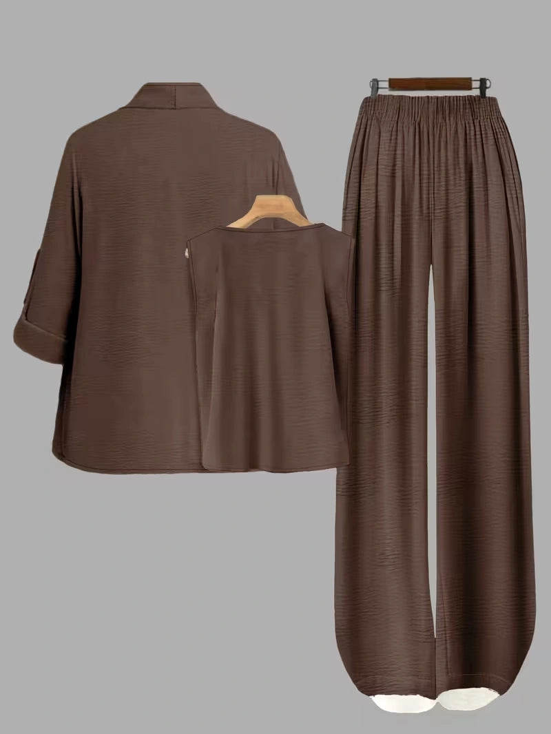 Elegant 3-Piece Co-Ord Set – Cardigan Jacket, Sleeveless Top & Relaxed Pants