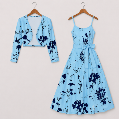 Women's Floral Printed Party Wear Midi Dress with Matching Shrug