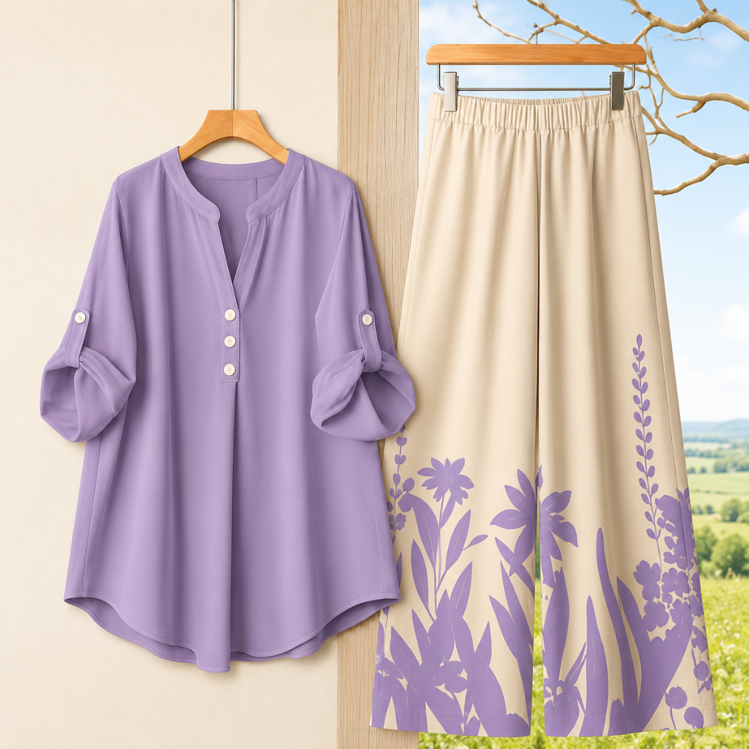Women's Minimalist Button-Front Tunic Top & Floral Print Wide Leg Pants Co-Ord Set