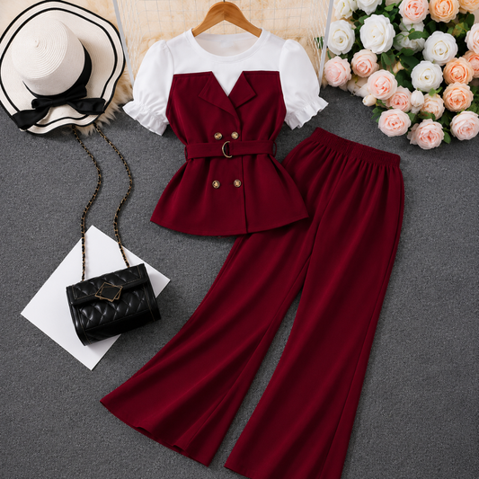 Women's Elegant Puff Sleeve Belted Blazer Top & Wide Leg Pants Co-Ord Set