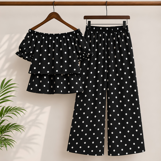 Women's Off-Shoulder Polka Dot Ruffle Top & Wide Leg Pants Co-Ord Set