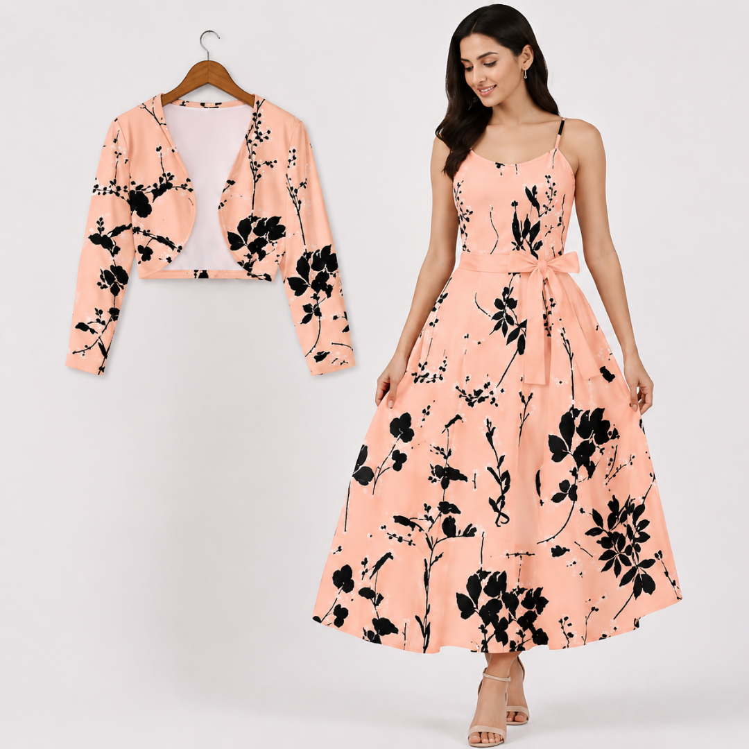 Women's Floral Printed Party Wear Midi Dress with Matching Shrug