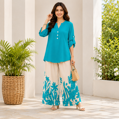 Women's Minimalist Button-Front Tunic Top & Floral Print Wide Leg Pants Co-Ord Set