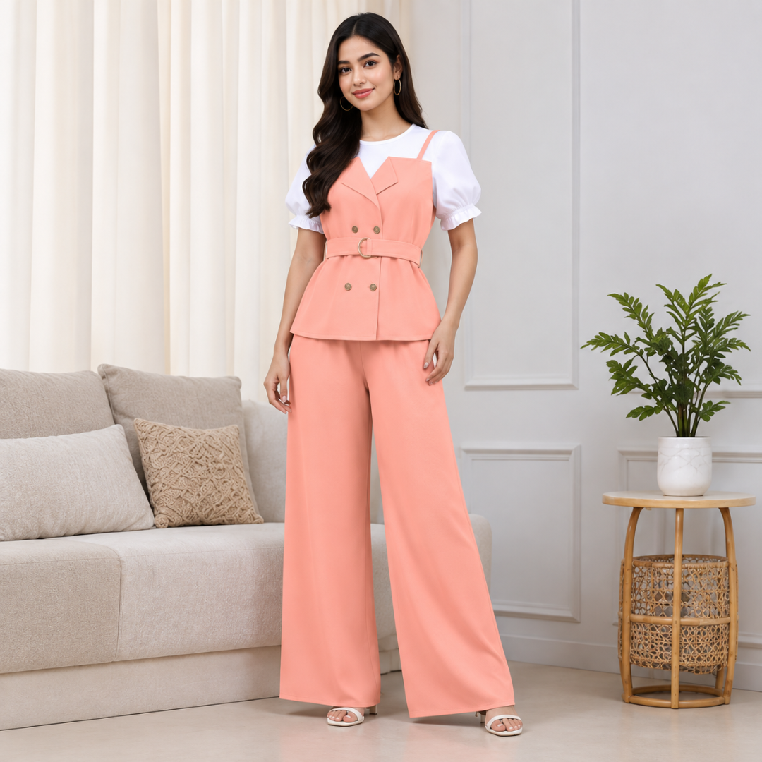 Women's Elegant Puff Sleeve Belted Blazer Top & Wide Leg Pants Co-Ord Set