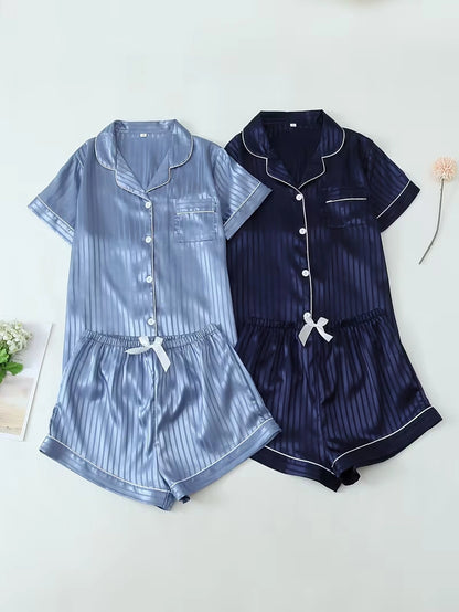 Women's 2-Piece Satin Stripe Pajama Set with Button-Up Shirt & Relaxed Shorts