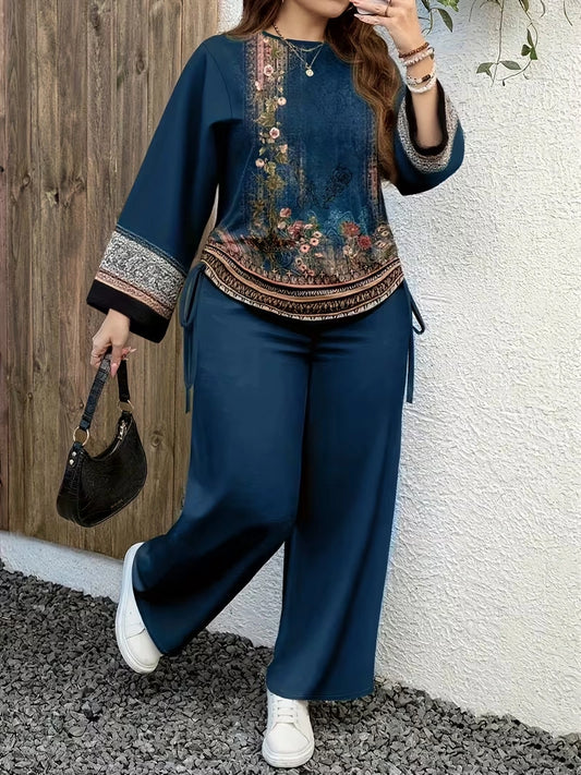 Plus Size Vintage Print Co-Ord Set – Relaxed Long Sleeve Top & Wide-Leg Pants