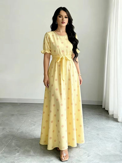 Women's Timeless Polka Dot Midi Dress – Puff Sleeve Belted Fit & Flare Dress