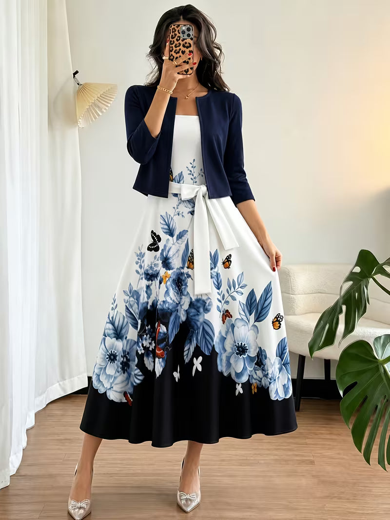 Elegant Floral Print 2-Piece Dress