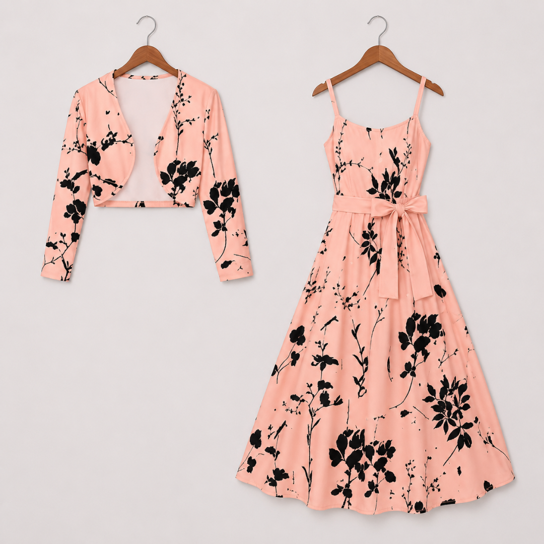 Women's Floral Printed Party Wear Midi Dress with Matching Shrug