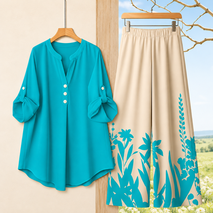 Women's Minimalist Button-Front Tunic Top & Floral Print Wide Leg Pants Co-Ord Set