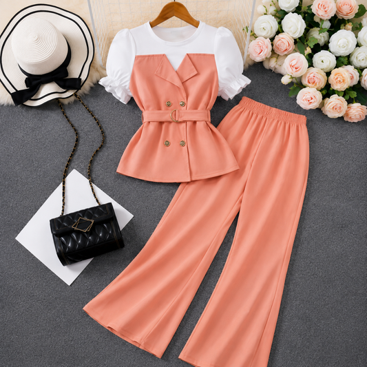 Women's Elegant Puff Sleeve Belted Blazer Top & Wide Leg Pants Co-Ord Set
