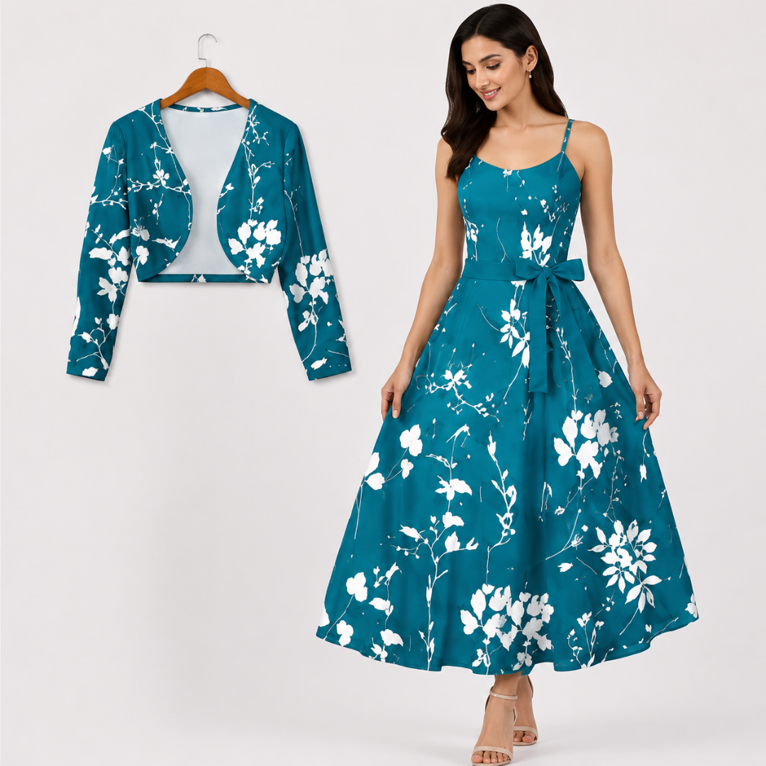 Women's Floral Printed Party Wear Midi Dress with Matching Shrug