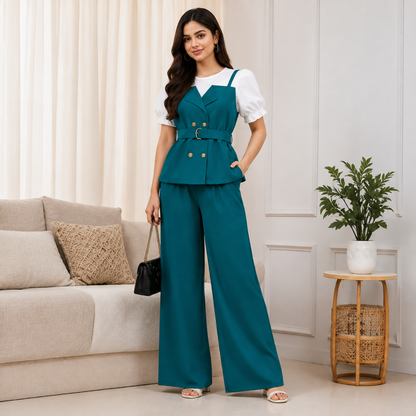 Women's Elegant Puff Sleeve Belted Blazer Top & Wide Leg Pants Co-Ord Set