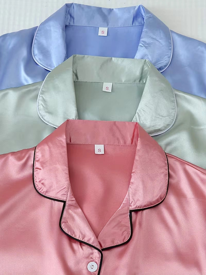 Women's 3-Piece Satin Pajama Set with Button-Up Shirt & Relaxed Shorts