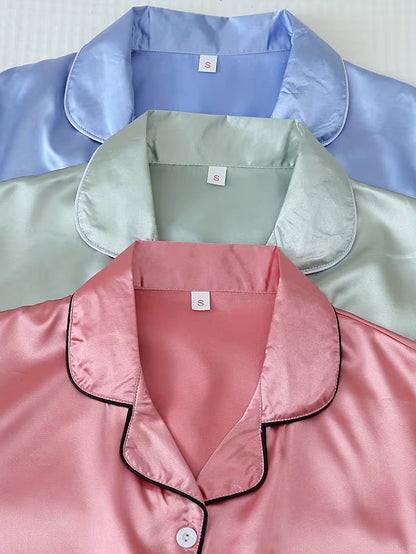 Women's 3-Piece Satin Pajama Set with Button-Up Shirt & Relaxed Shorts