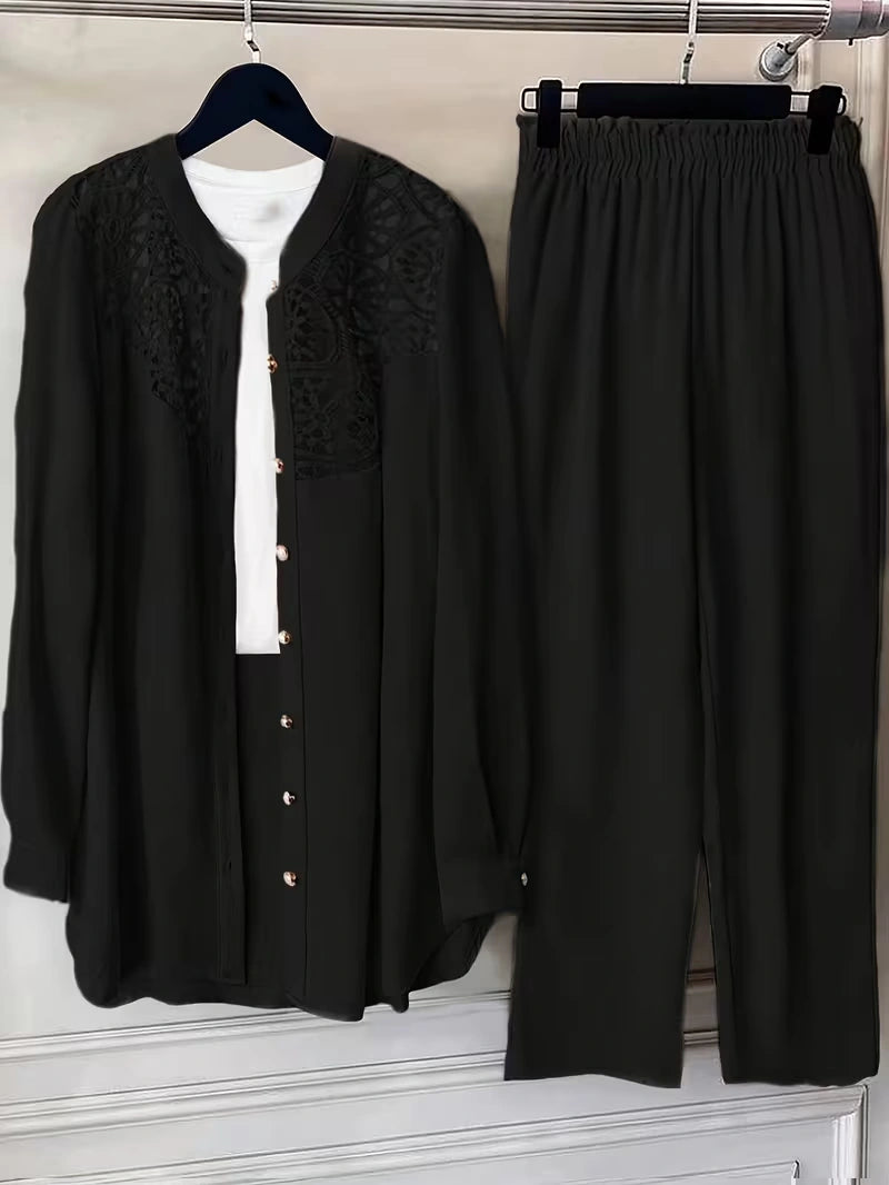 Elegant Lace Back Co-Ord Set – Relaxed Shirt & Wide-Leg Pants for Effortless Style