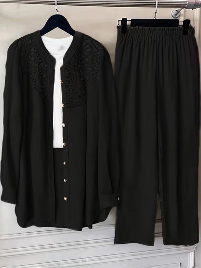 Elegant Lace Back Co-Ord Set – Relaxed Shirt & Wide-Leg Pants for Effortless Style
