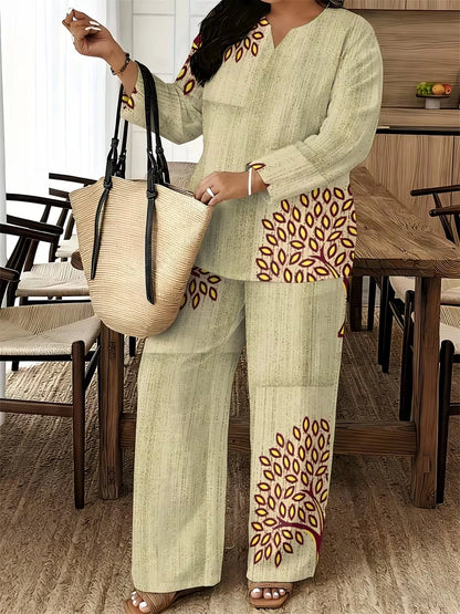 Women's Ethnic Leaf Print Boho Co-Ord Set – Long Sleeve Top & Wide-Leg Pants (2-Piece)