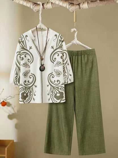 Plus Size Floral Elegance Co-Ord Set with Asymmetrical Tunic & Wide-Leg Pants