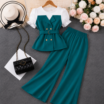 Women's Elegant Puff Sleeve Belted Blazer Top & Wide Leg Pants Co-Ord Set