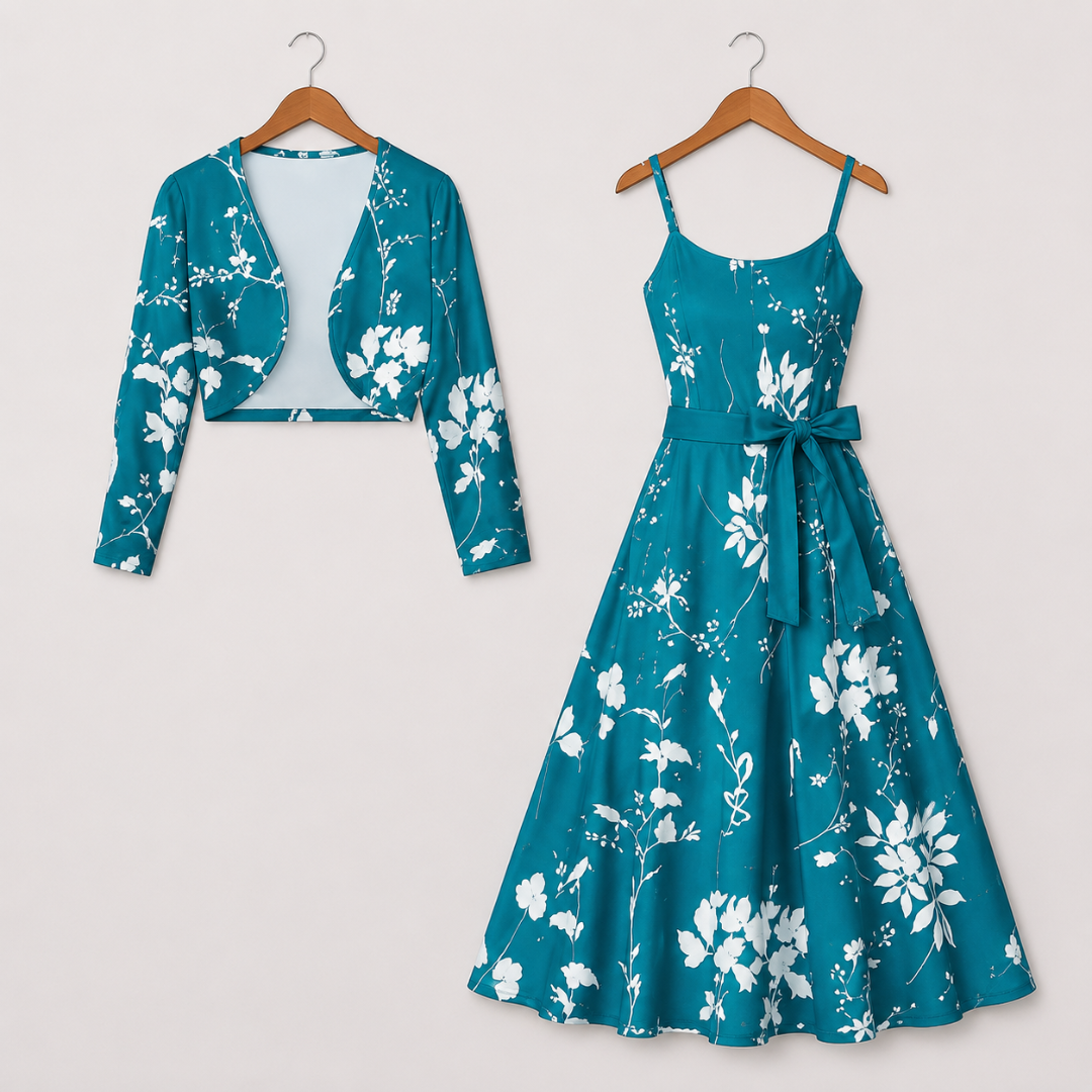 Women's Floral Printed Party Wear Midi Dress with Matching Shrug