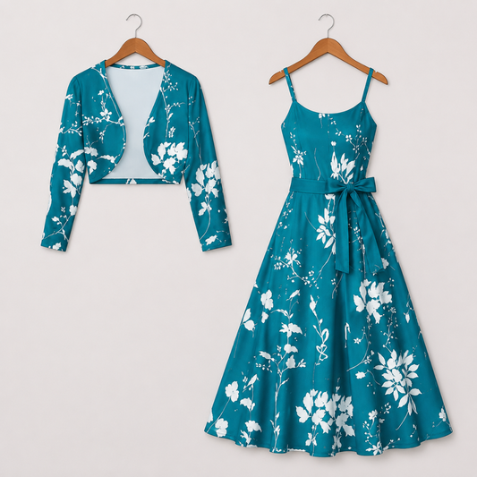 Women's Floral Printed Party Wear Midi Dress with Matching Shrug