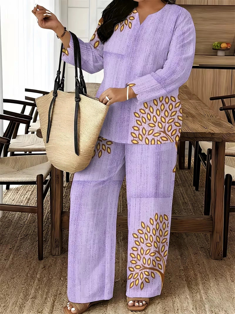Women's Ethnic Leaf Print Boho Co-Ord Set – Long Sleeve Top & Wide-Leg Pants (2-Piece)