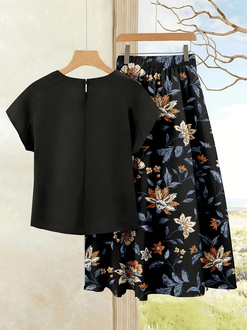 Women's Summer Casual Skirt Co-Ord Set | Solid Top & Printed Skirt 2-Piece Outfit