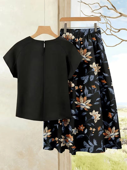 Women's Summer Casual Skirt Co-Ord Set | Solid Top & Printed Skirt 2-Piece Outfit