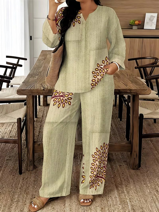 Women's Ethnic Leaf Print Boho Co-Ord Set – Long Sleeve Top & Wide-Leg Pants (2-Piece)