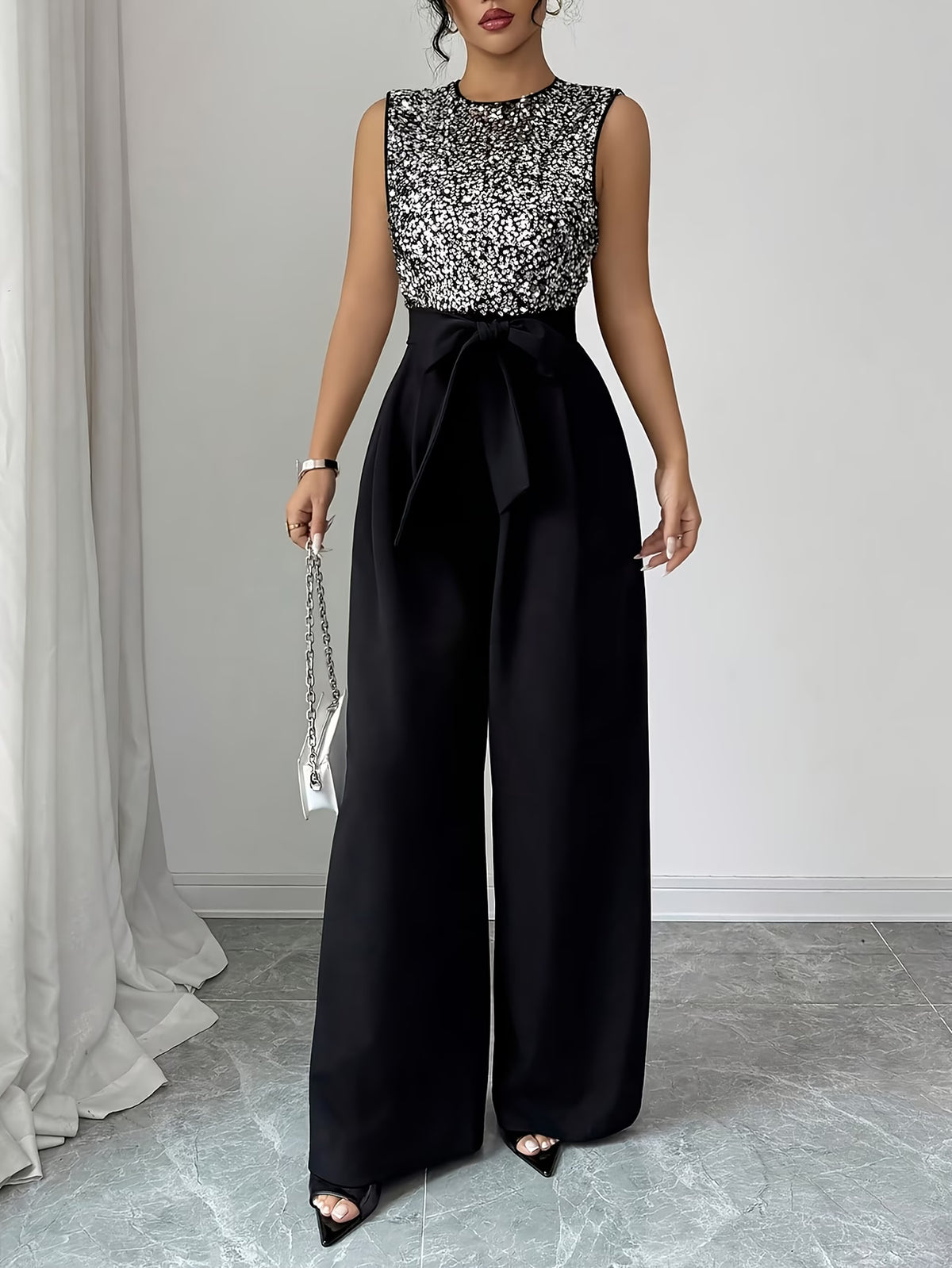 Women’s Black Sequin Wide-Leg Jumpsuit with Waist Bow