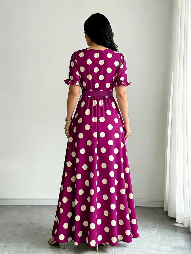 Women's Timeless Polka Dot Midi Dress – Puff Sleeve Belted Fit & Flare Dress