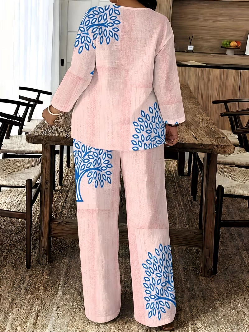 Women's Ethnic Leaf Print Boho Co-Ord Set – Long Sleeve Top & Wide-Leg Pants (2-Piece)