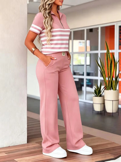 Women's Summer Striped Casual Co-Ord Set | Half-Zip Polo Top & Wide-Leg Pants 2-Piece Outfit