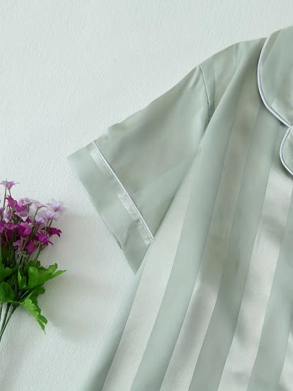 Women's 2-Piece Satin Stripe Pajama Set with Button-Up Shirt & Relaxed Shorts