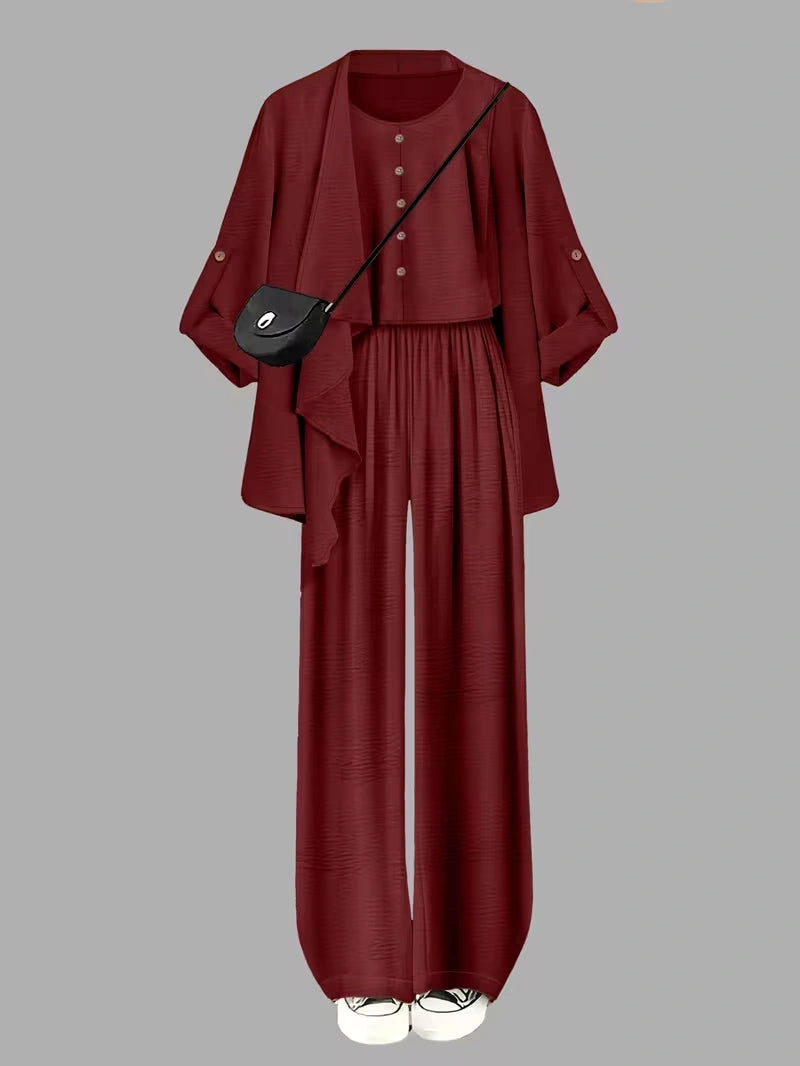 Elegant 3-Piece Co-Ord Set – Cardigan Jacket, Sleeveless Top & Relaxed Pants