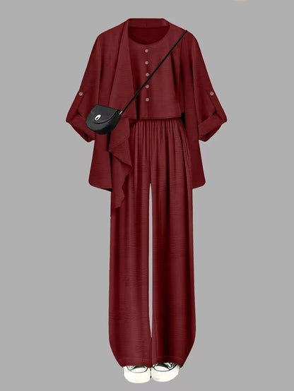 Elegant 3-Piece Co-Ord Set – Cardigan Jacket, Sleeveless Top & Relaxed Pants