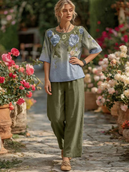 Women's Vintage Floral Wide-Leg Co-Ord Set – Elegant 2-Piece Outfit