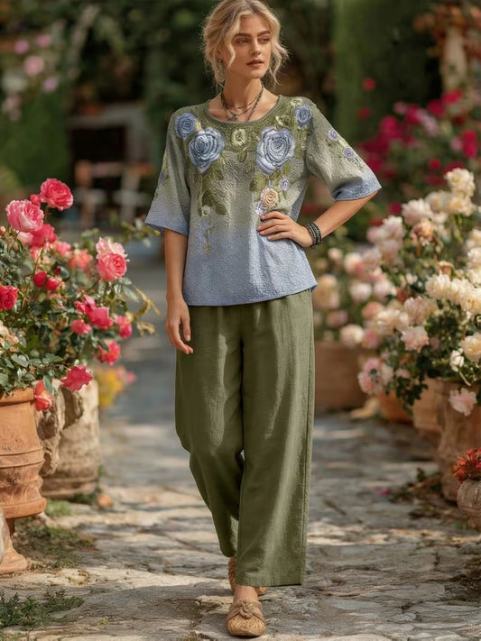 Women's Vintage Floral Wide-Leg Co-Ord Set – Elegant 2-Piece Outfit