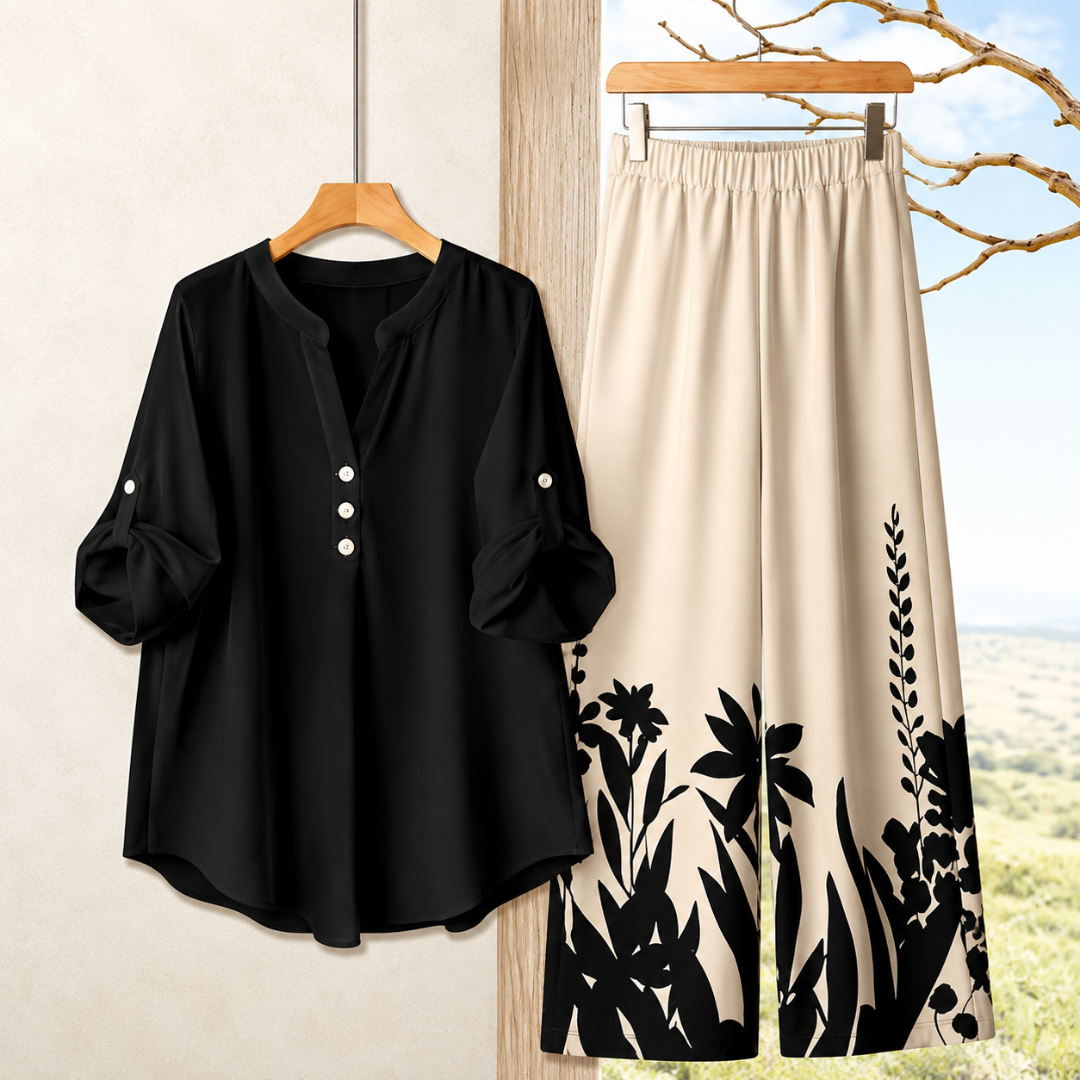 Women's Minimalist Button-Front Tunic Top & Floral Print Wide Leg Pants Co-Ord Set