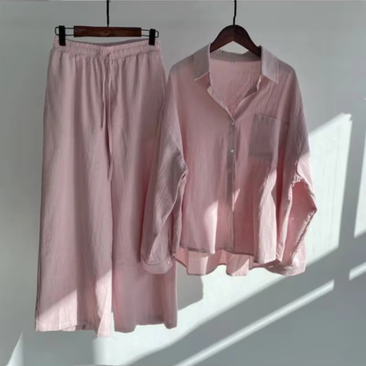 Vintage Chic Oversized Shirt & Wide-Leg Pants Co-Ord Set