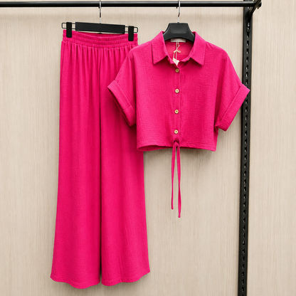 Women's Solid Button-Down Crop Shirt & Wide Leg Pants Co-Ord Set