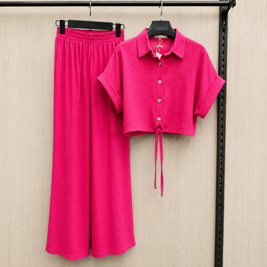 Women's Solid Button-Down Crop Shirt & Wide Leg Pants Co-Ord Set
