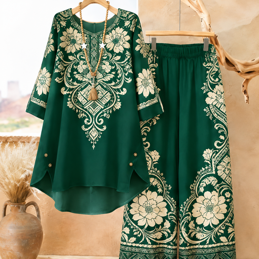Women's Elegant Floral Printed Long Sleeve Tunic Top & Wide Leg Pants Co-Ord Set